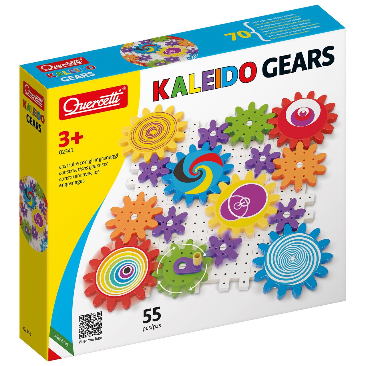 Quercetti: Kaleido Gears - 55pc Interactive Building Playset, 3 Sized Colorful Gear Plates, Chain Reactions Construction Toy, STEM Activity, Kids 3+
